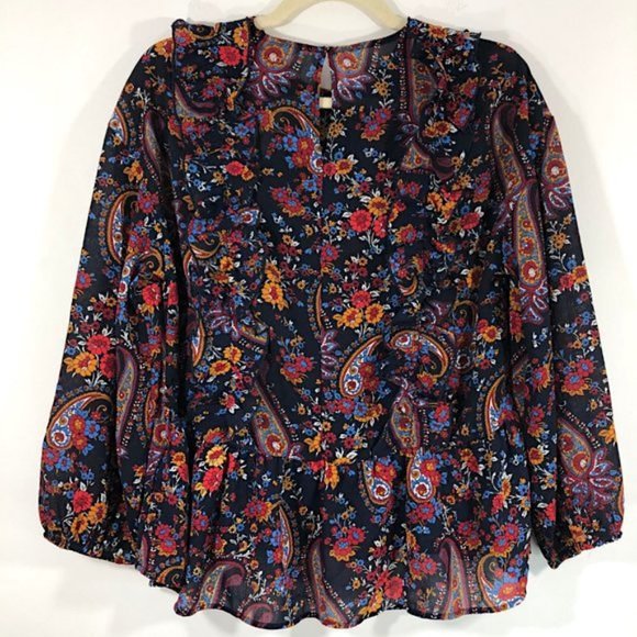 New H&M Paisley Floral Print Ruffle Trim Peplum Blouse Navy Multi Size 2 - Picture 13 of 16